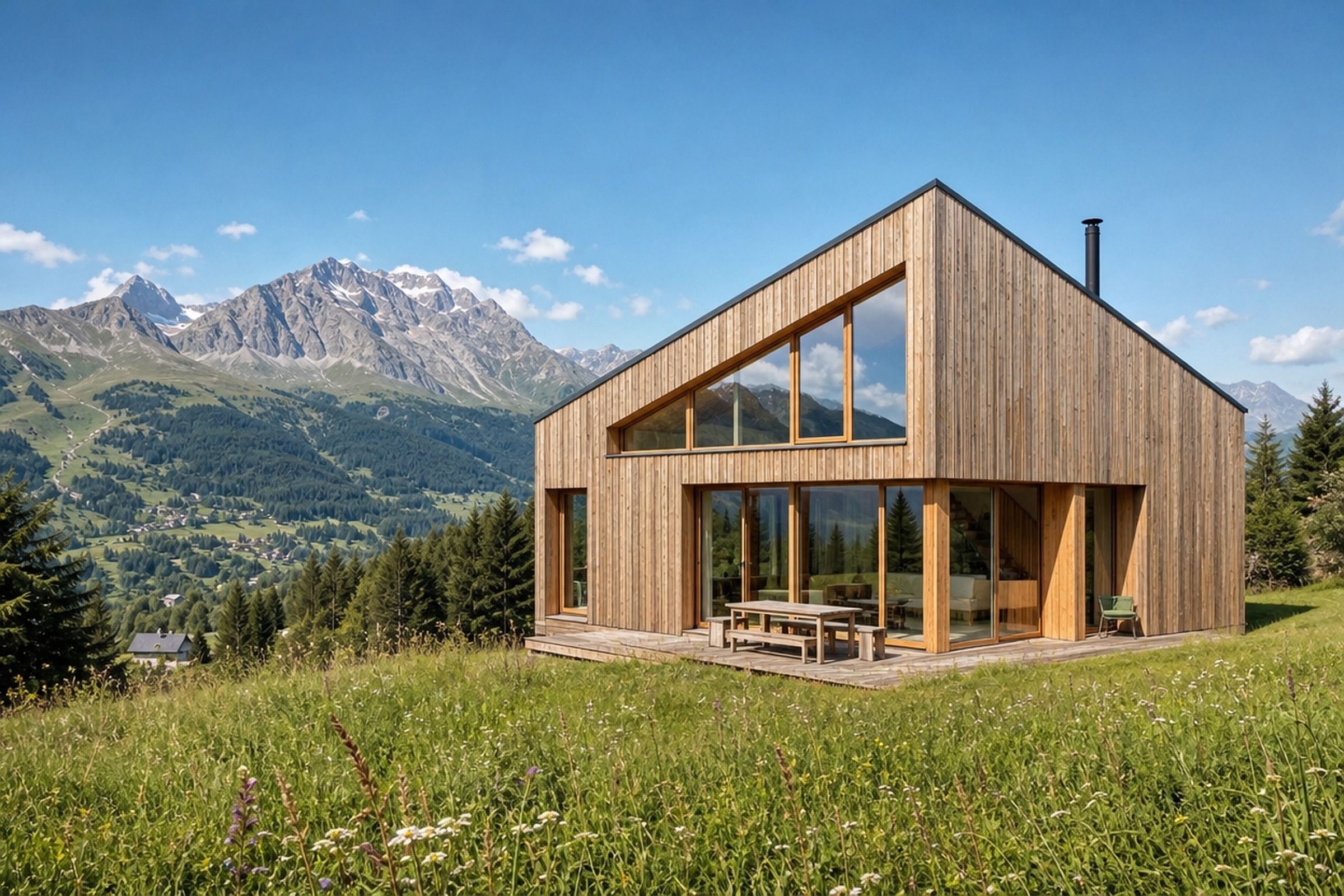 Maison contemporaine à ossature et bardage bois dans une prairie de montagne