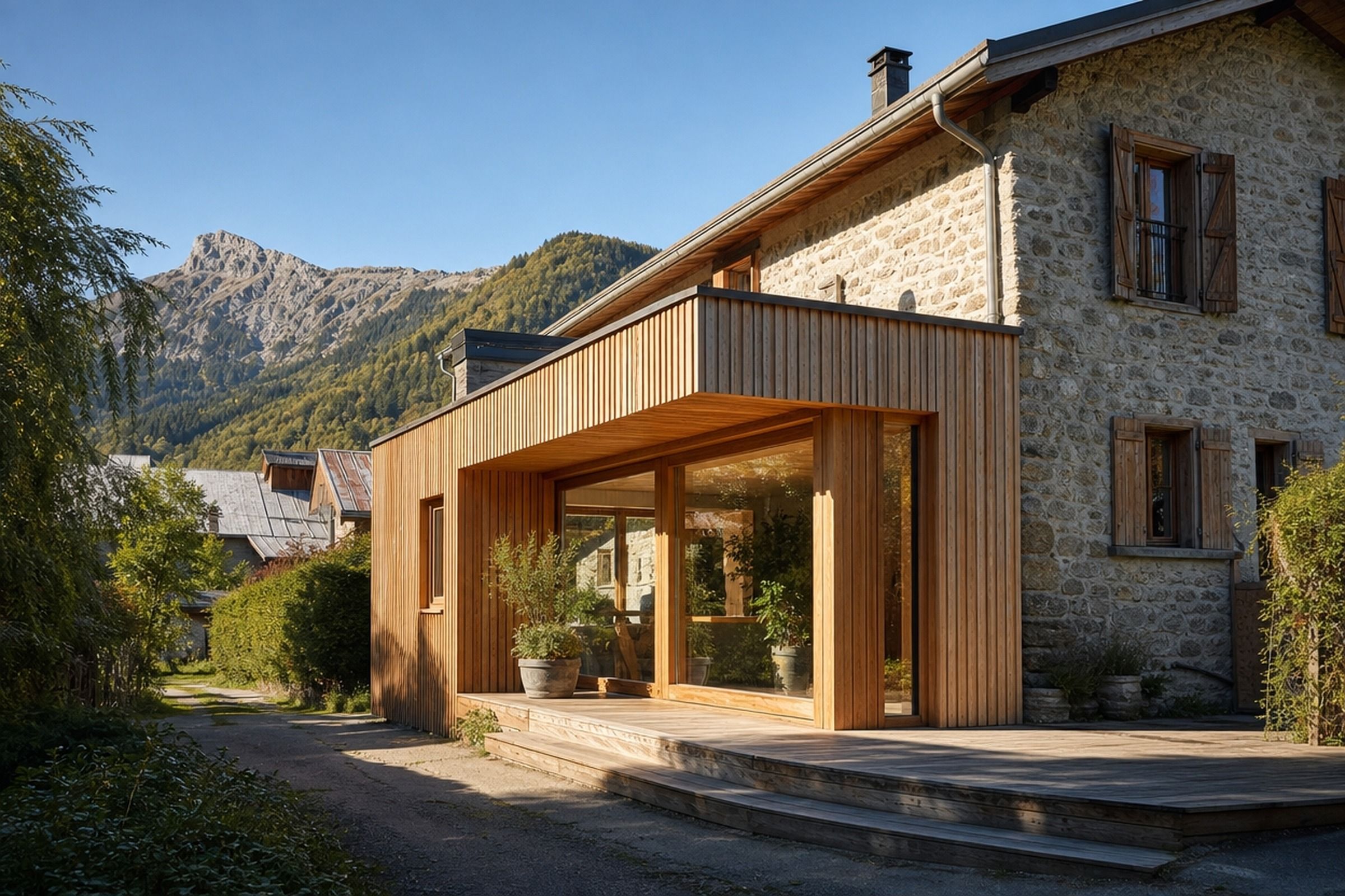 Extension en bois accolée à une maison ancienne en pierre