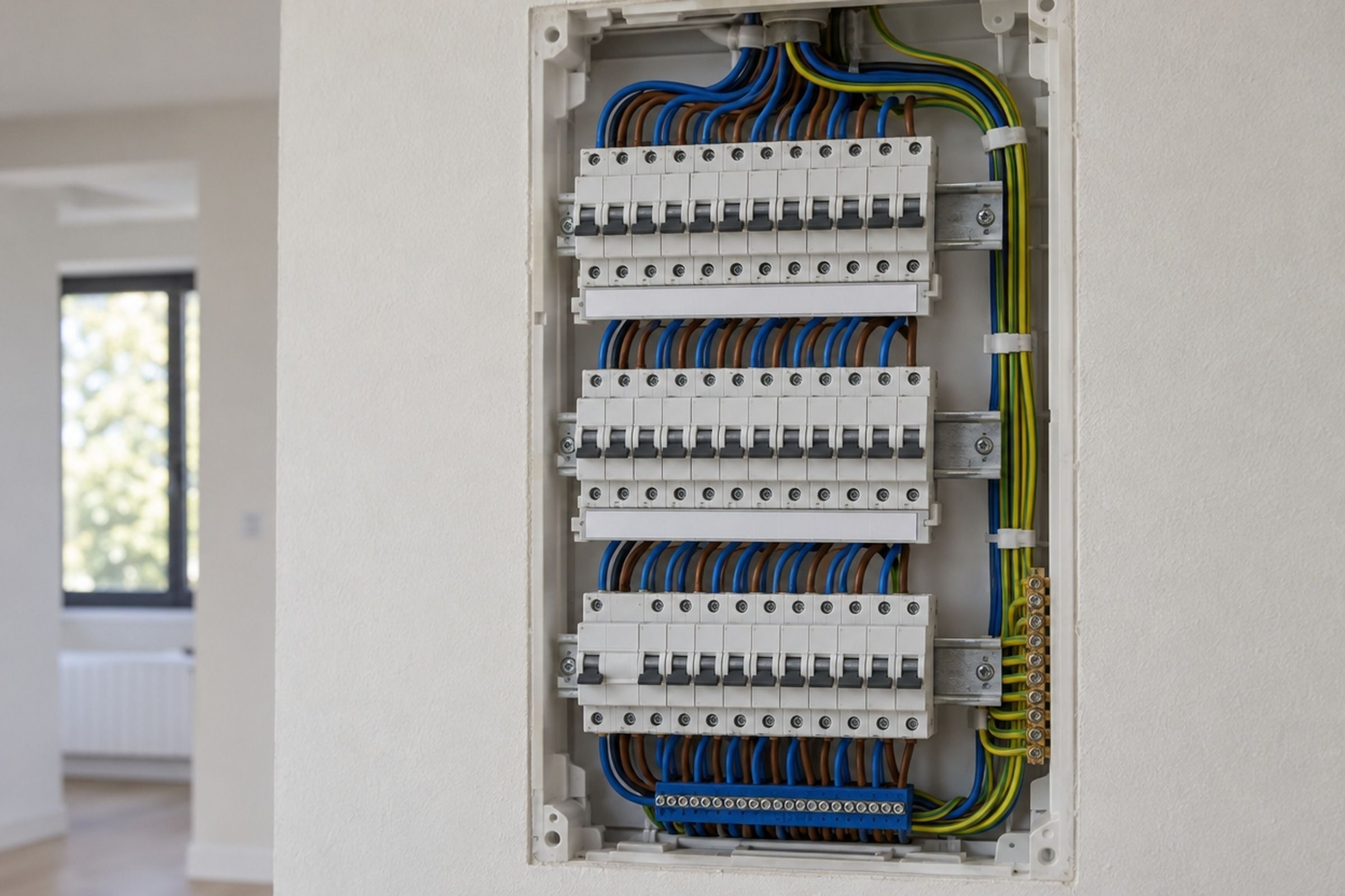 Tableau électrique neuf encastré dans un mur blanc : rangées de disjoncteurs et câbles soigneusement peignés