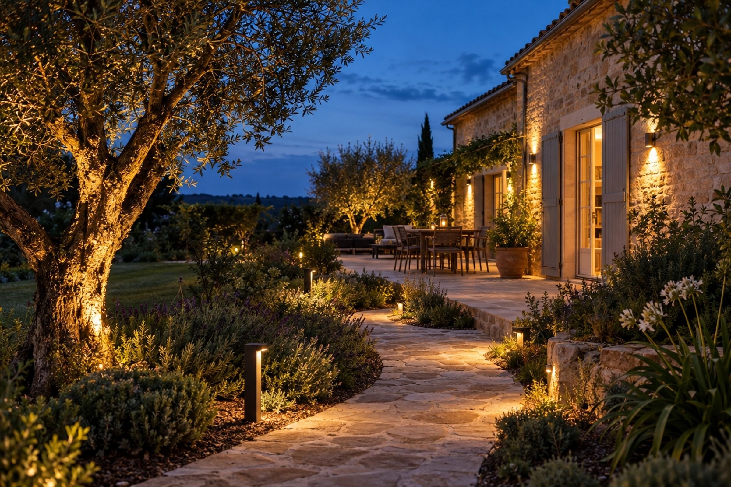 Jardin et terrasse d’une maison en pierre à la nuit tombante : olivier éclairé par le bas, bornes lumineuses le long d’une allée dallée et appliques en façade