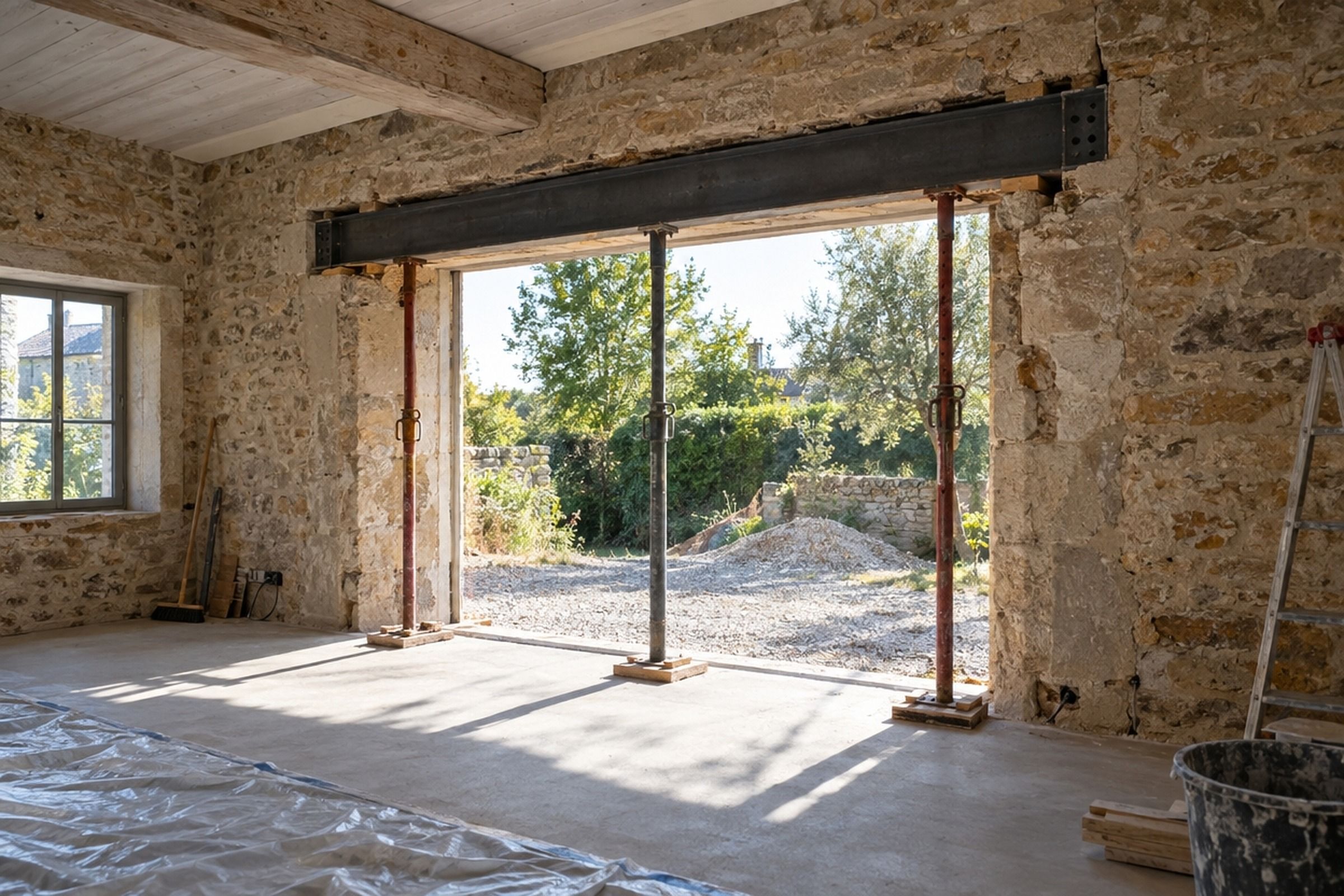 Large ouverture créée dans un mur porteur en pierre, poutre métallique posée sur étais, jardin visible au travers