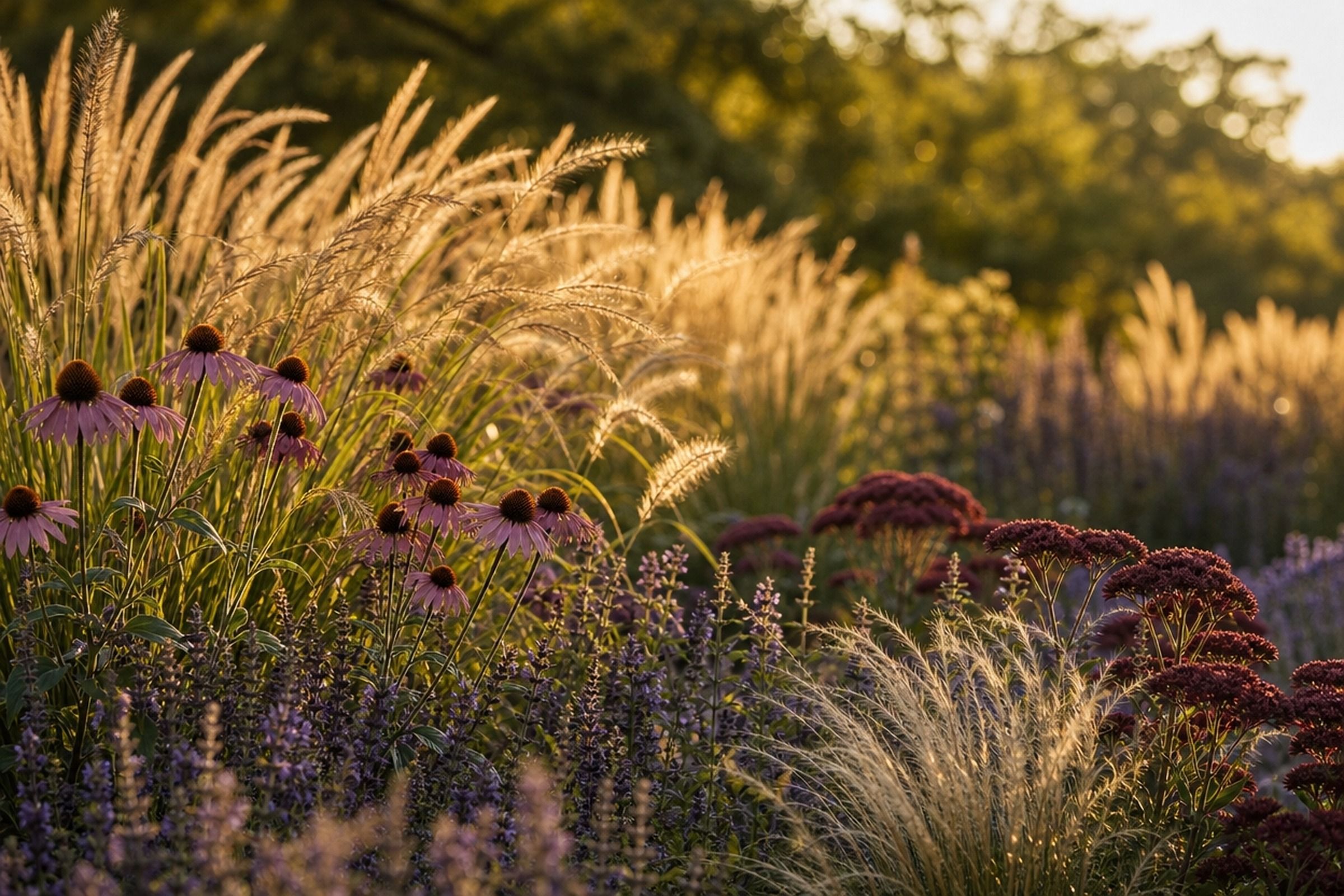 Échinacées, sauges et graminées dorées dans la lumière du soir.