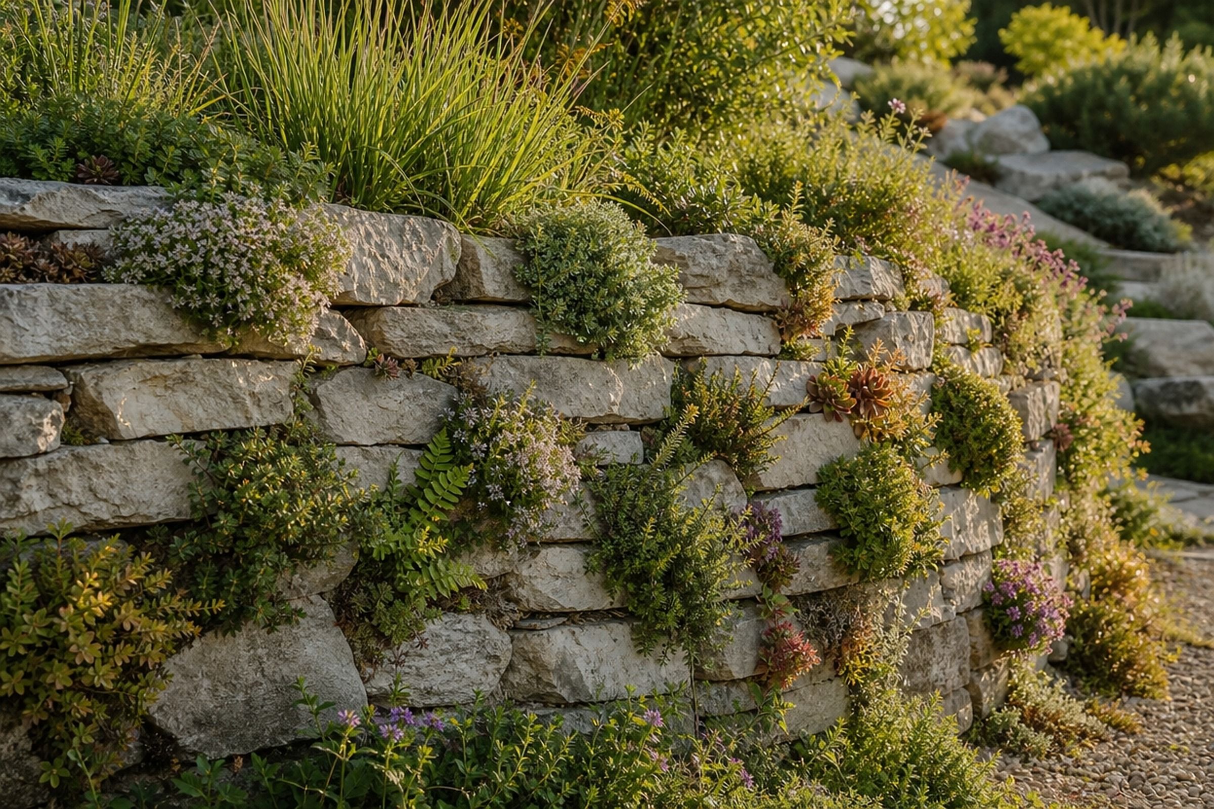 Muret en pierre sèche planté de thym, de fougères et de petites fleurs.